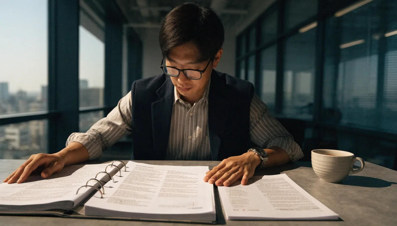 도입 검토 회의에서 사용권 계약서를 함께 검토하는 담당자들