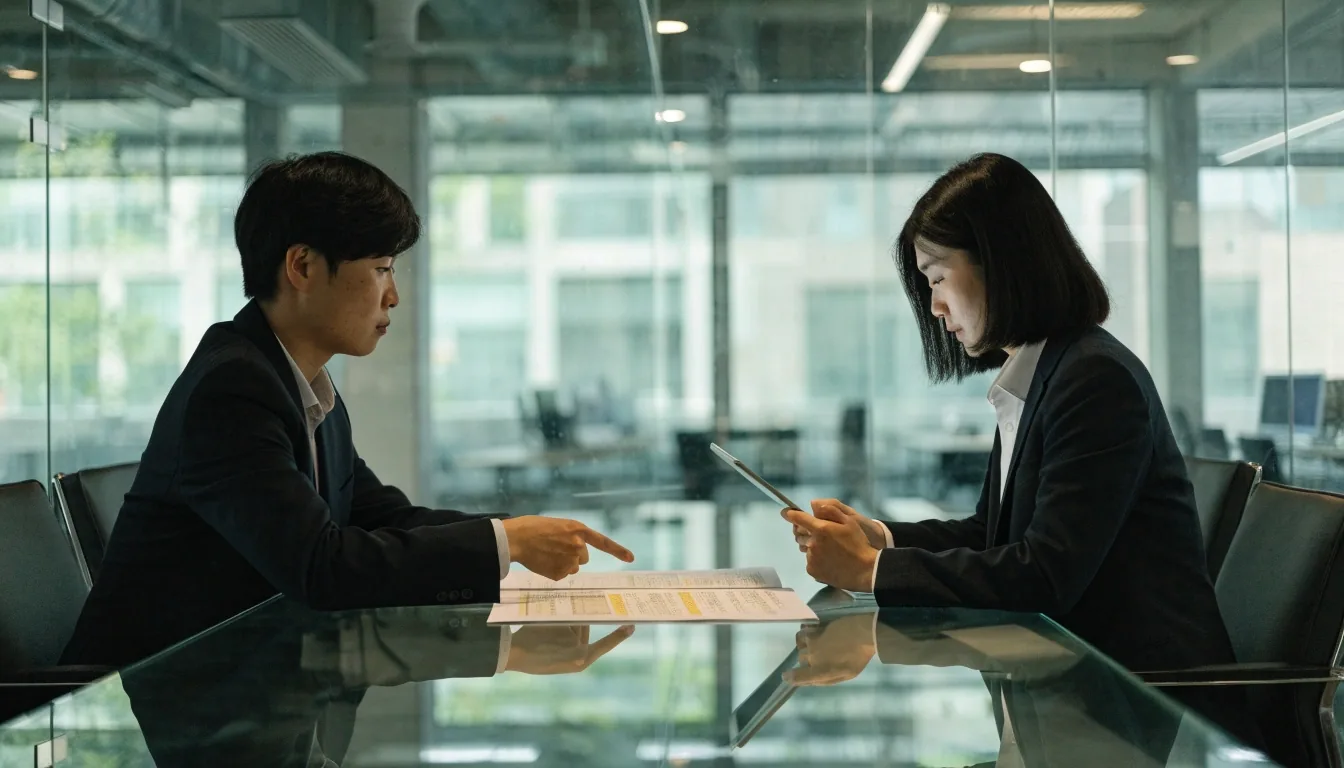 입찰 서류를 놓고 공공 조달 이력을 검토하는 회의 장면